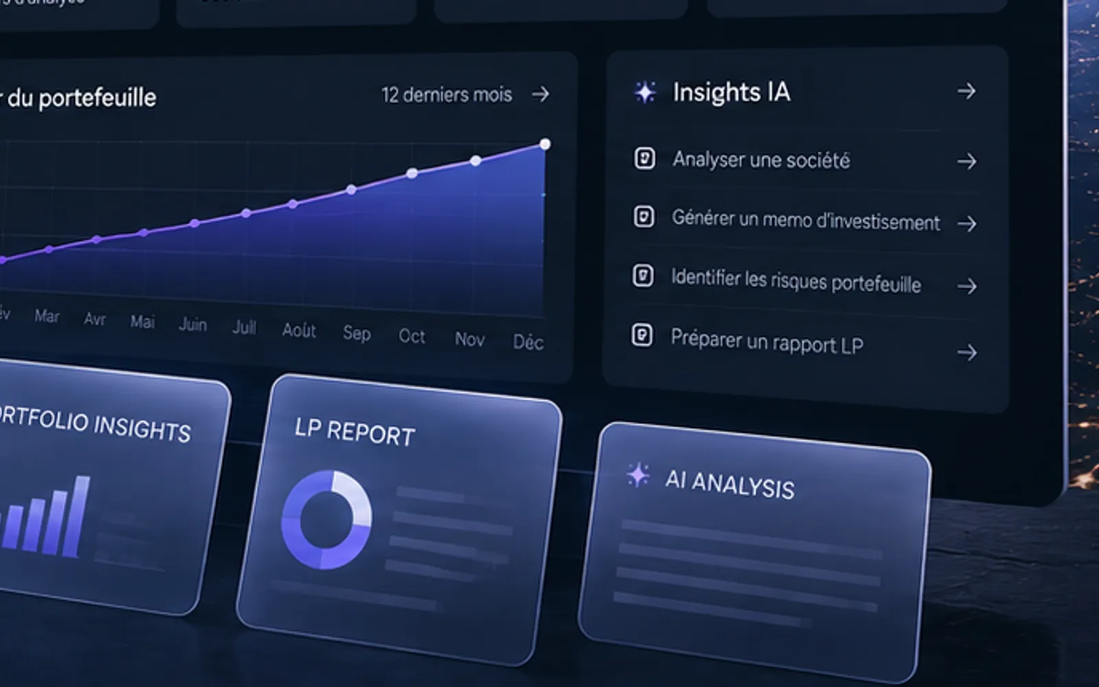 Suivi de la valeur du portefeuille sur douze mois et panneau Insights IA : analyser une société, générer un memo, identifier les risques, préparer un rapport LP.