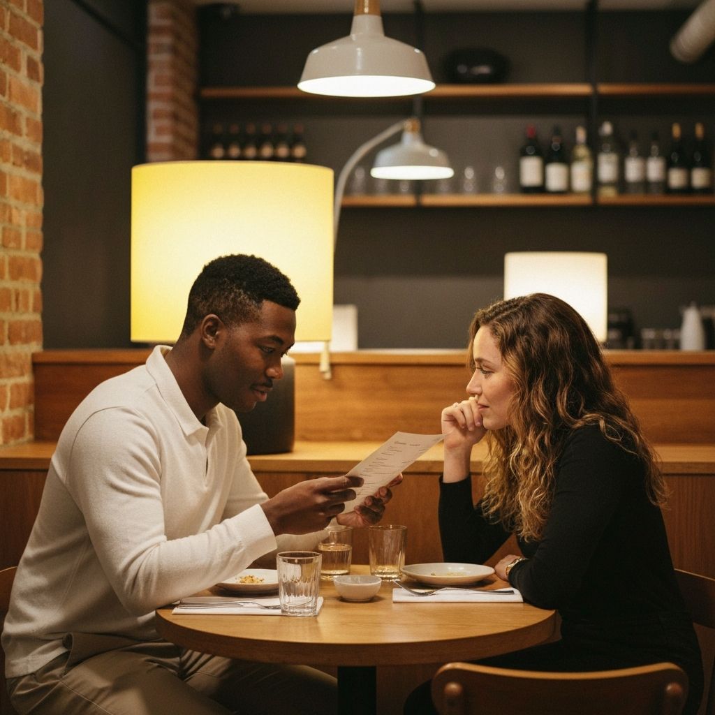 Un couple regardant le menu d'un restaurant